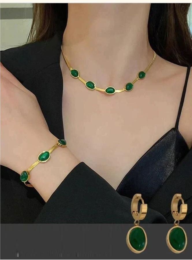 Oval Green💚 Crystal Pendant Necklace Set With Bracelet-😍FLAT 50% OFF😍